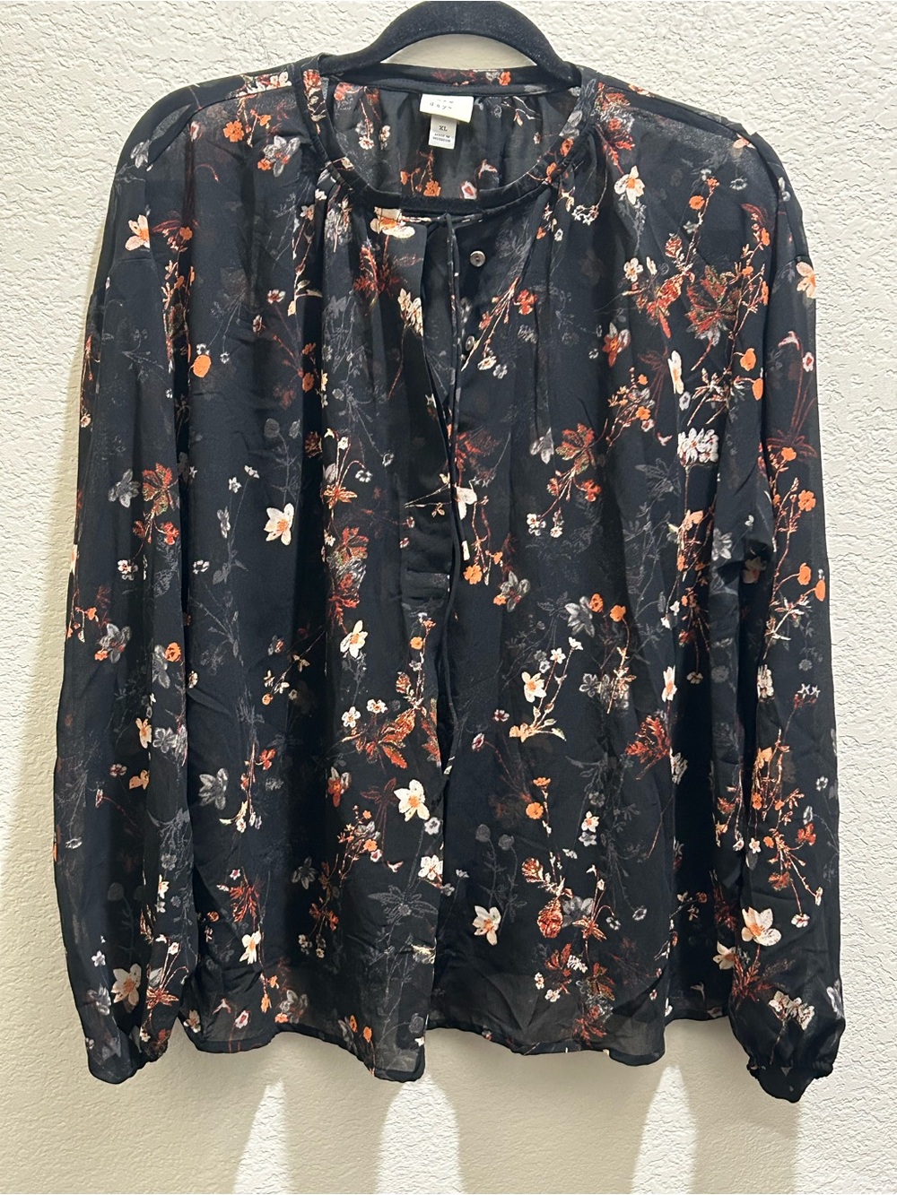 a new day Black Floral Long-Sleeve Tie-Neck Blouse